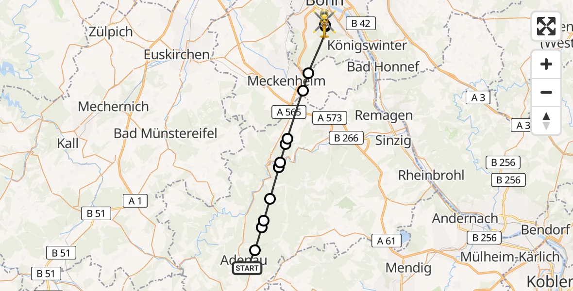 Flugroute Rettungshubschrauber Adenau - Bonn University Hospital, 22 Juli 2026, 15:00