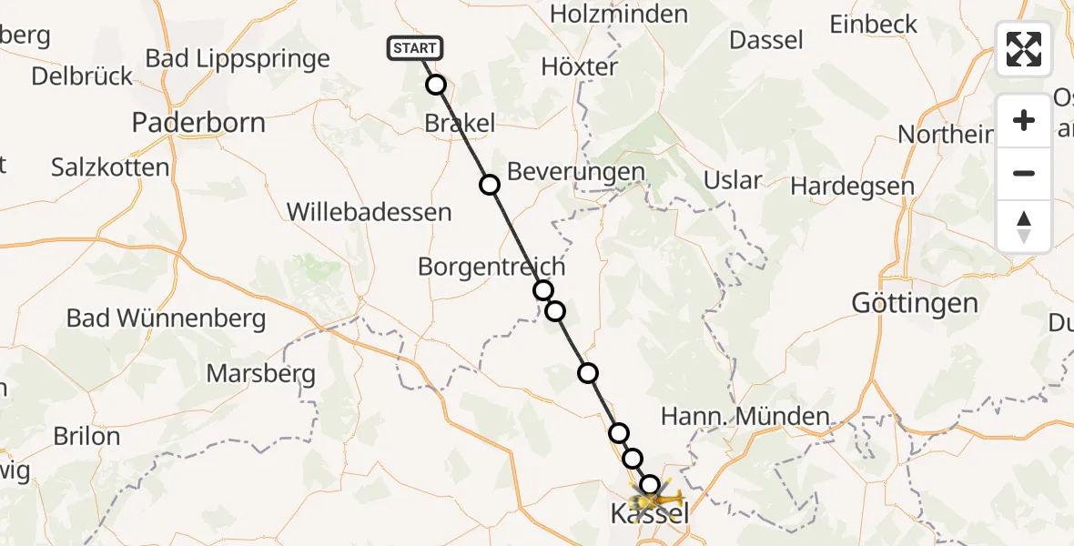 Flugroute Rettungshubschrauber Nieheim - Kassel, 22 Juli 2026, 15:03