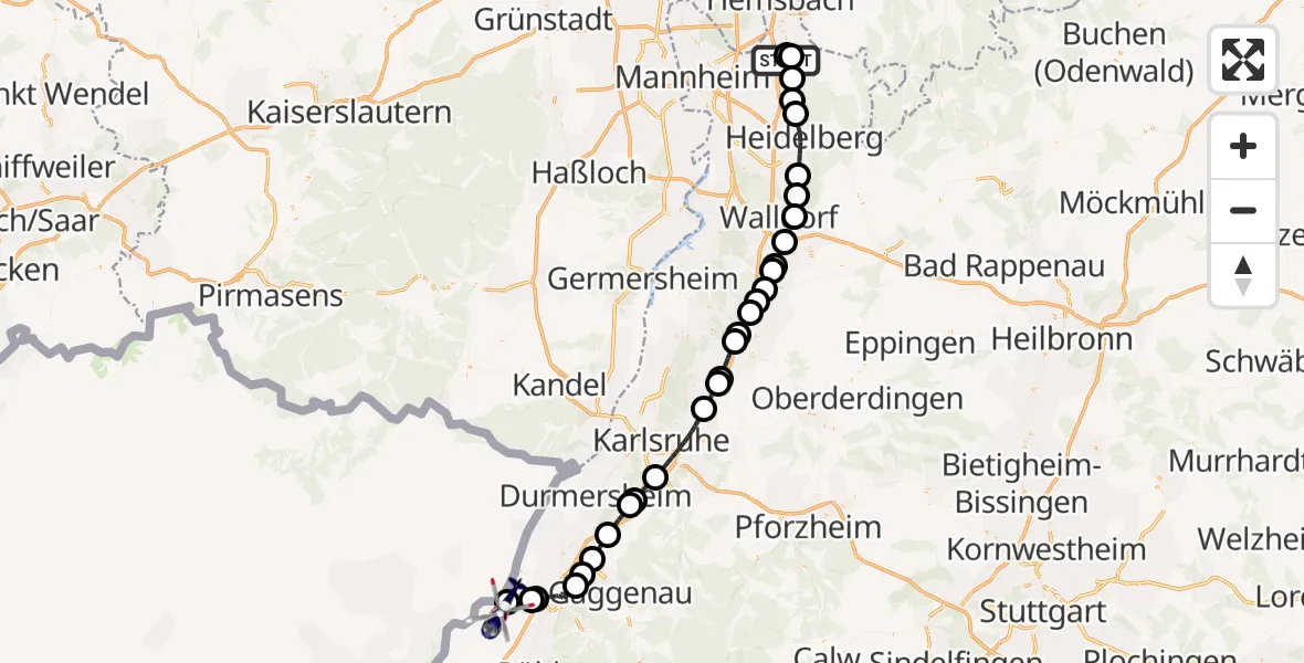 Flugroute Polizeihubschrauber Hirschberg an der Bergstraße - Karlsruhe Baden-Baden Flughafen, 22 Juli 2026, 15:05