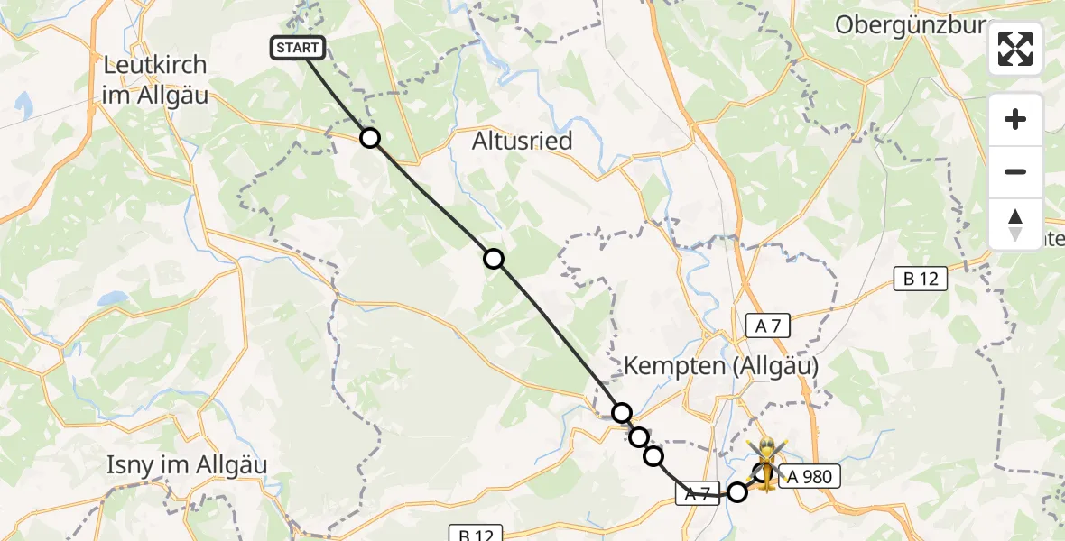 Flugroute Rettungshubschrauber Leutkirch im Allgäu - Kempten-Durach Flugplatz, 22 Juli 2026, 15:05