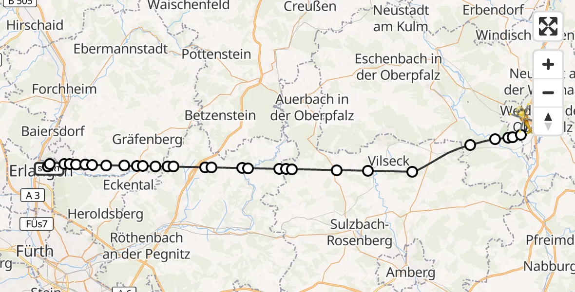 Flugroute Ambulanzhubschrauber Erlangen University Hospital Ebrardstraße - Weiden i.d.OPf., 22 Juli 2026, 15:17