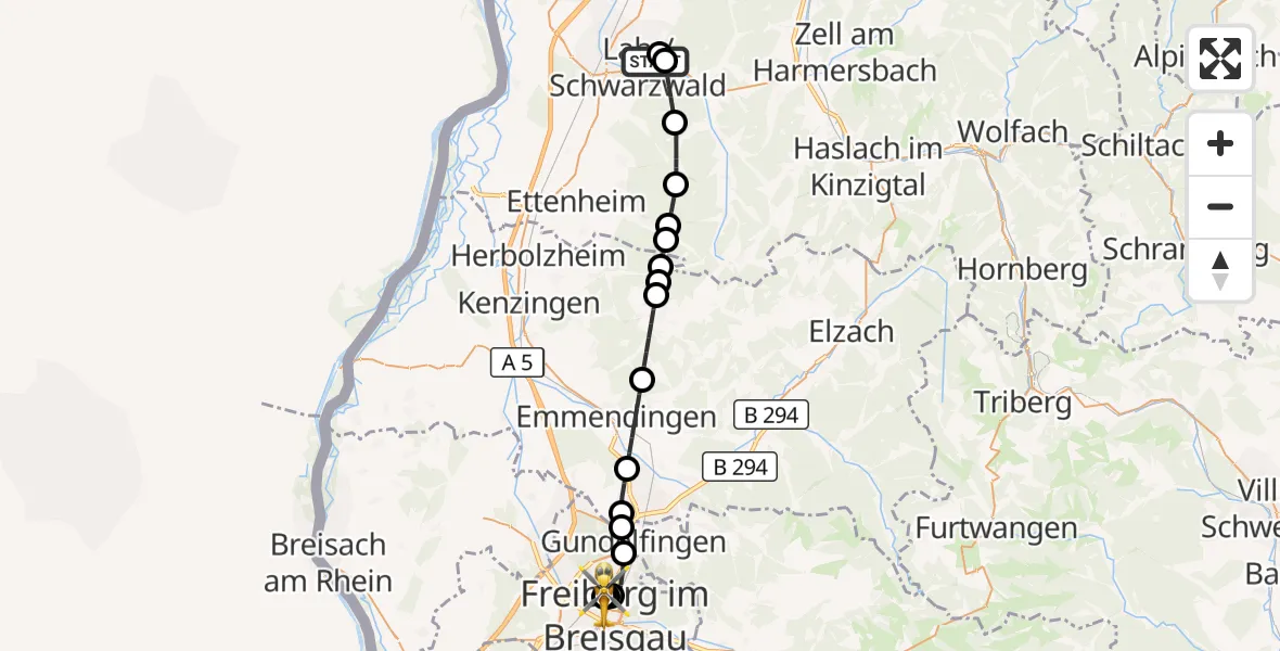 Flugroute Rettungshubschrauber Ortenau Hospital Lahr-Ettenheim - Freiburg University Hospital Heliport 1, 22 Juli 2026, 15:17