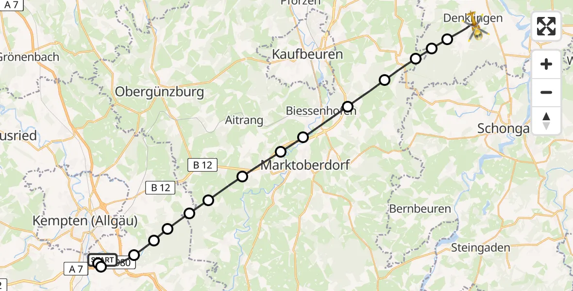 Flugroute Rettungshubschrauber Kempten-Durach Flugplatz - Denklingen, 22 Juli 2026, 15:24
