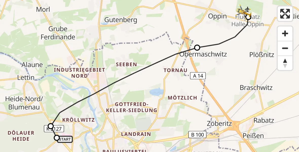 Flugroute Rettungshubschrauber Halle (Saale) University Hospital - Halle-Oppin Flugplatz, 22 Juli 2026, 15:26