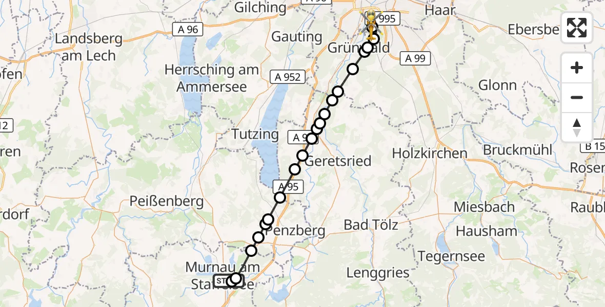 Flugroute Rettungshubschrauber Murnau Accident Hospital - ADAC Air Rescue Center Hubschrauberlandeplatz (Christoph 1), 22 Juli 2026, 15:28