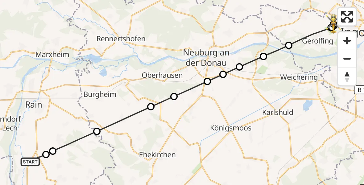 Flugroute Rettungshubschrauber Münster - Ingolstadt Hospital, 22 Juli 2026, 15:28
