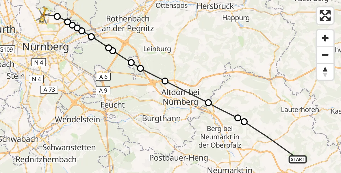Flugroute Ambulanzhubschrauber Pilsach - Flughafen Nuremberg, 22 Juli 2026, 15:31