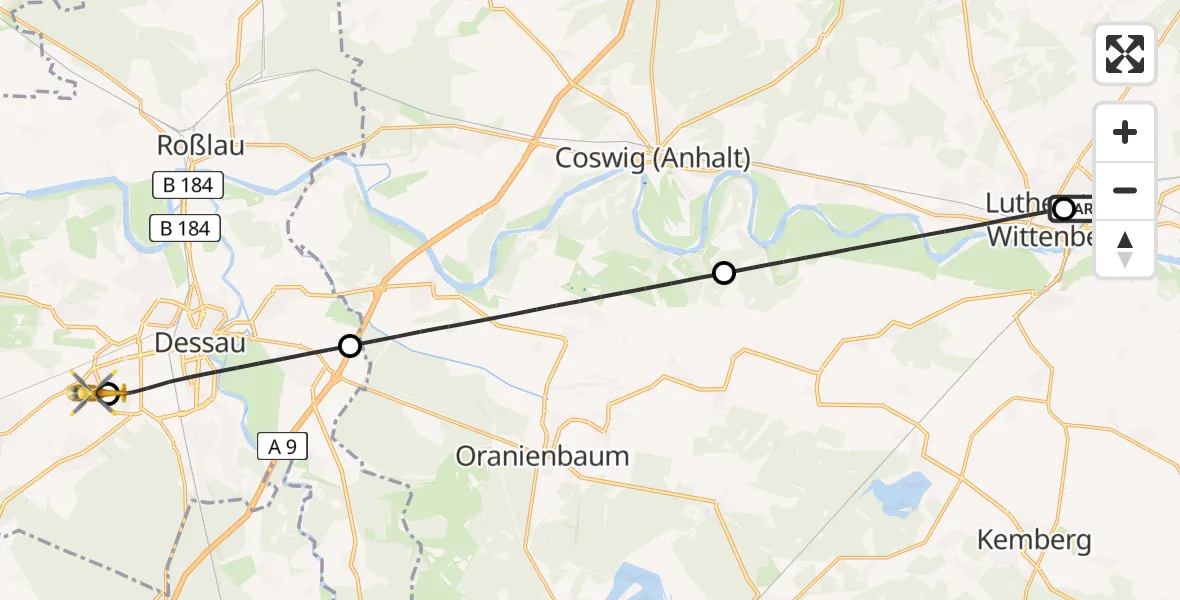 Flugroute Rettungshubschrauber Paul-Gerhardt-Stift Evangelical Hospital - Dessau Municipal Hospital Ground, 22 Juli 2026, 15:33