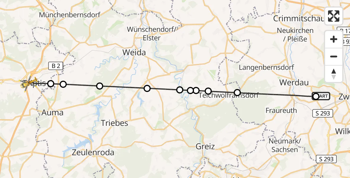 Flugroute Rettungshubschrauber ADAC Air Rescue Station Zwickau Hubschrauberlandeplatz - Triptis, 22 Juli 2026, 15:38