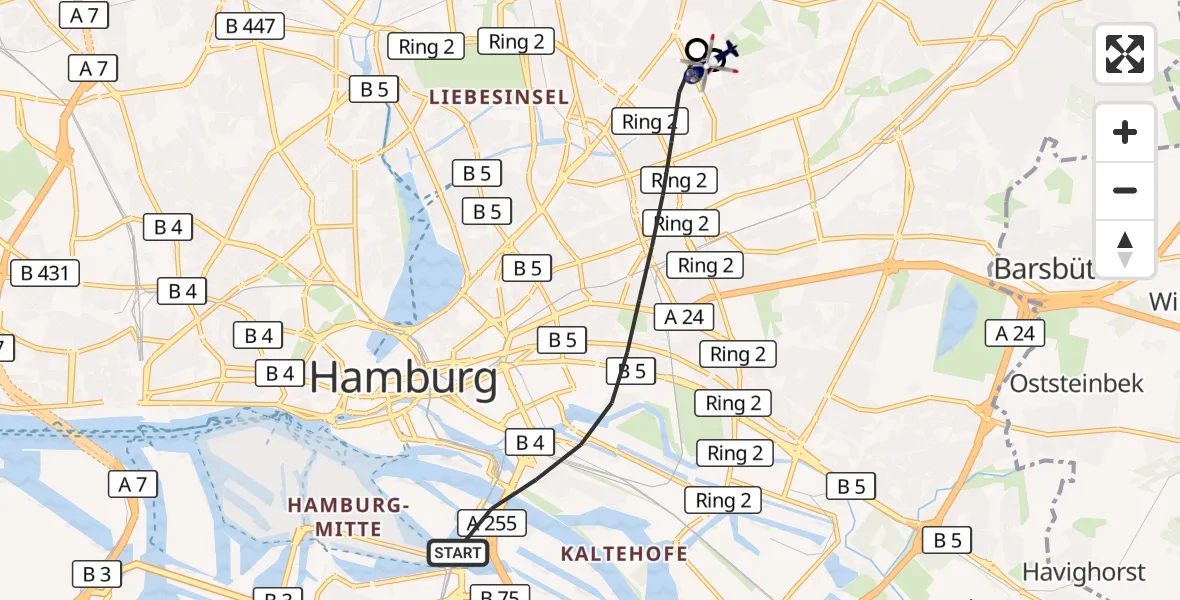 Flugroute Polizeihubschrauber Hamburg - Hamburg Military Hospital, 22 Juli 2026, 15:41