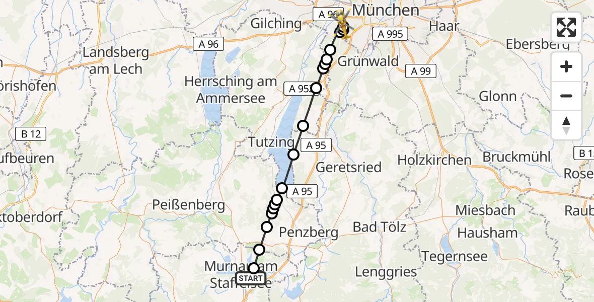 Flugroute Rettungshubschrauber Murnau a.Staffelsee - DRF Air Rescue München Hubschrauberlandeplatz, 22 Juli 2026, 15:42