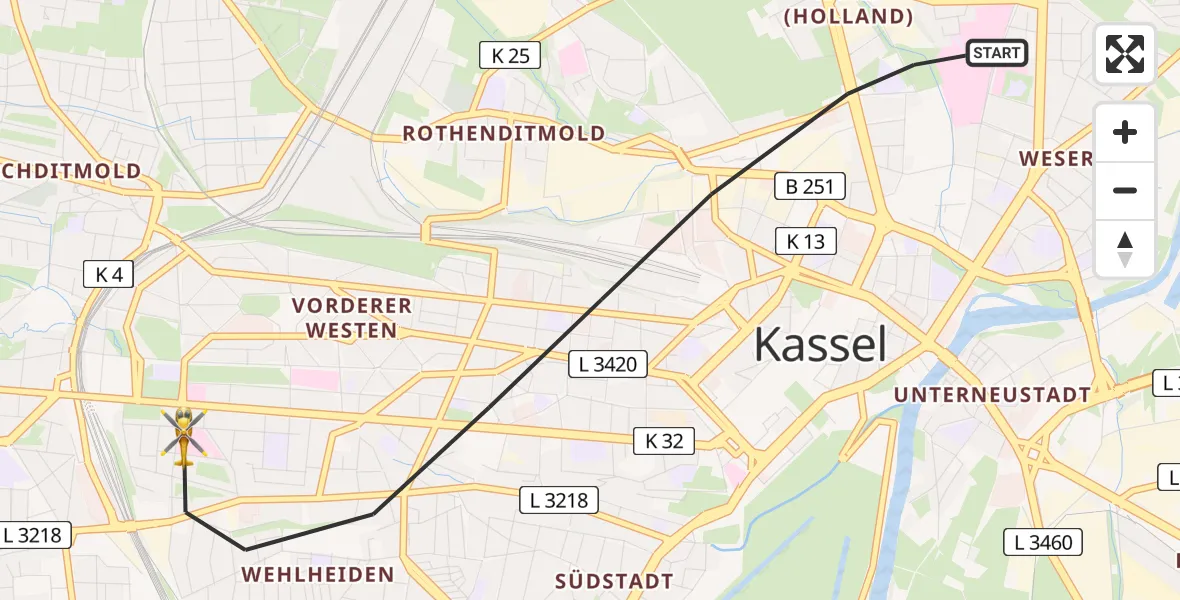 Flugroute Rettungshubschrauber Kassel - Kassel, 22 Juli 2026, 15:44