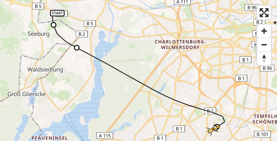 Flugroute Rettungshubschrauber Berlin - Charité Clinic Benjamin Franklin Campus, 22 Juli 2026, 15:58