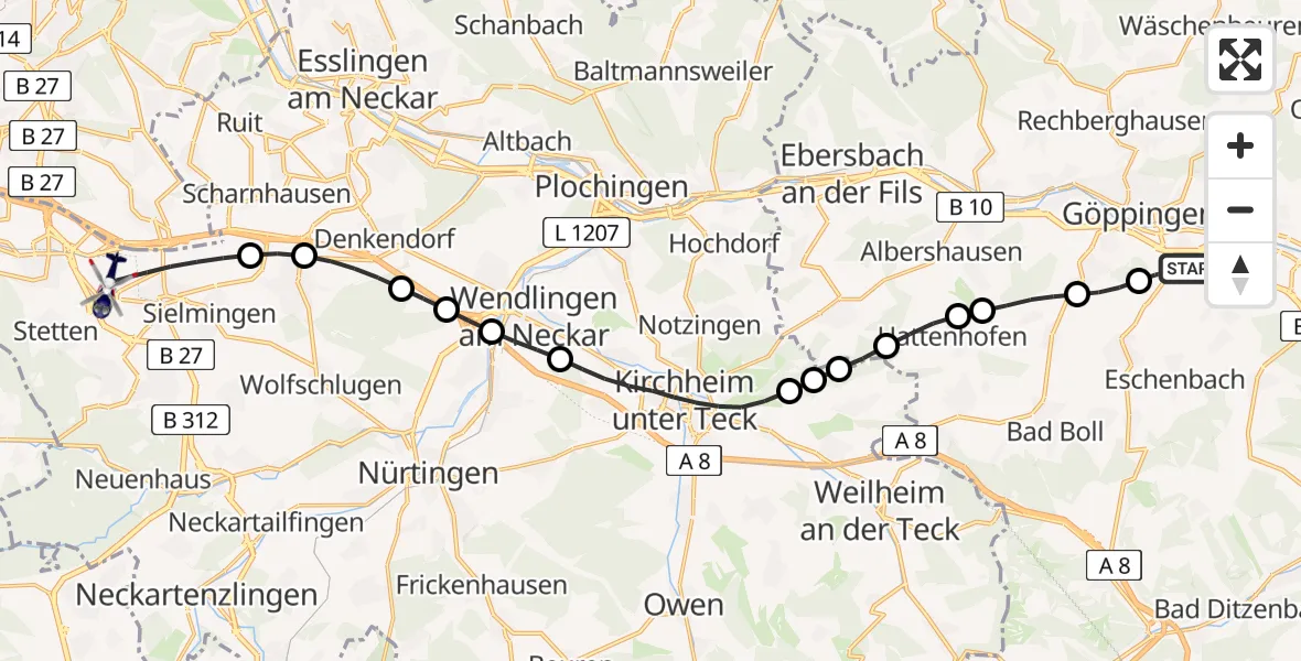 Flugroute Polizeihubschrauber Göppingen - Flughafen Stuttgart, 22 Juli 2026, 16:04