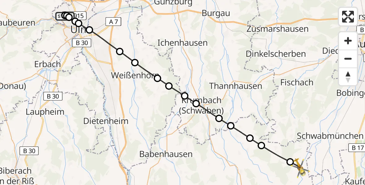 Flugroute Rettungshubschrauber Ulm Military Hospital Emergency - Ettringen, 22 Juli 2026, 16:07