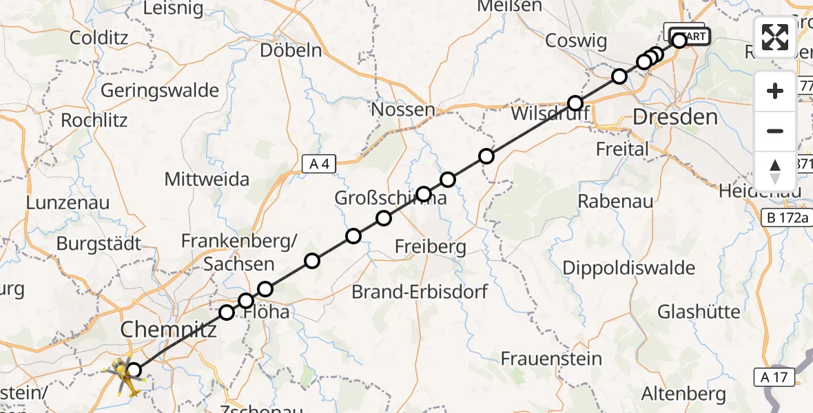 Flugroute Rettungshubschrauber Dresden Flughafen - Neukirchen/Erzgeb., 22 Juli 2026, 16:12