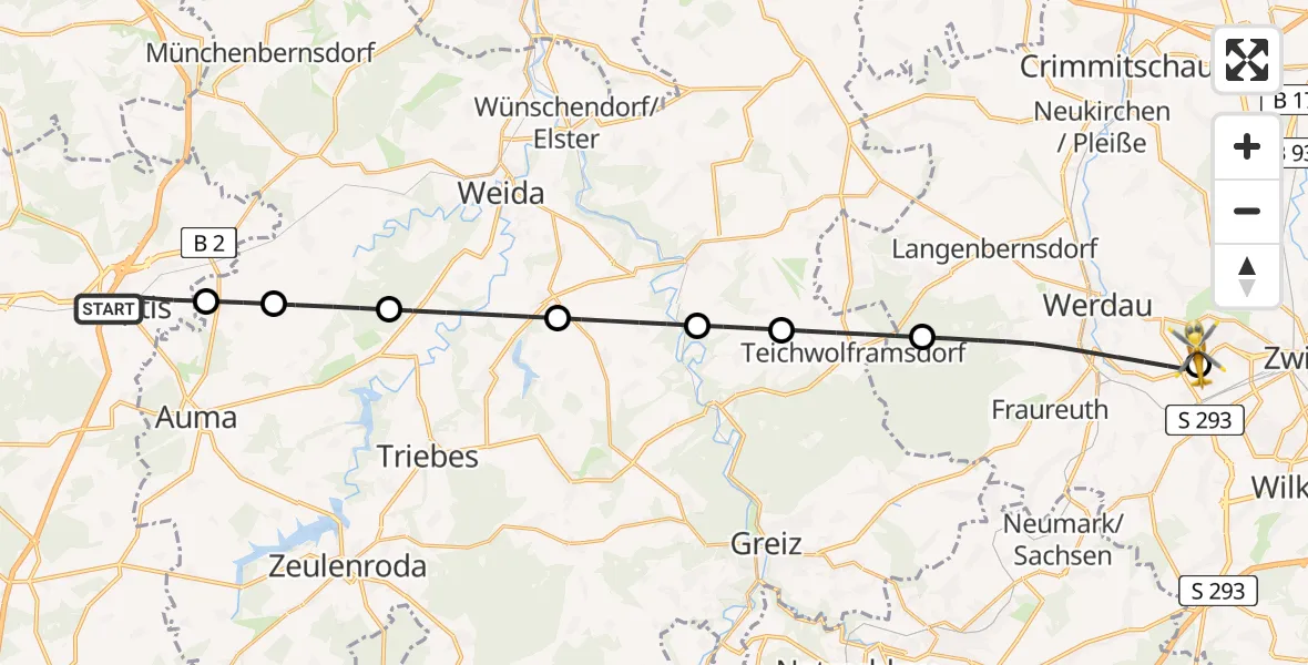 Flugroute Rettungshubschrauber Triptis - ADAC Air Rescue Station Zwickau Hubschrauberlandeplatz, 22 Juli 2026, 16:12