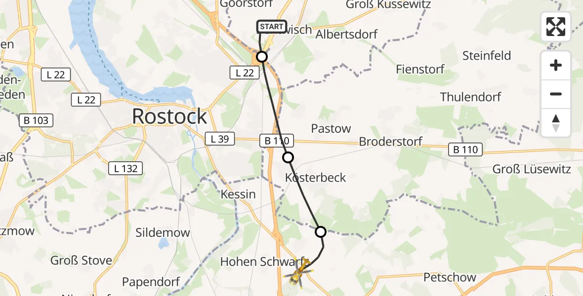 Flugroute Ambulanzhubschrauber Bentwisch - Dummerstorf, 22 Juli 2026, 16:22