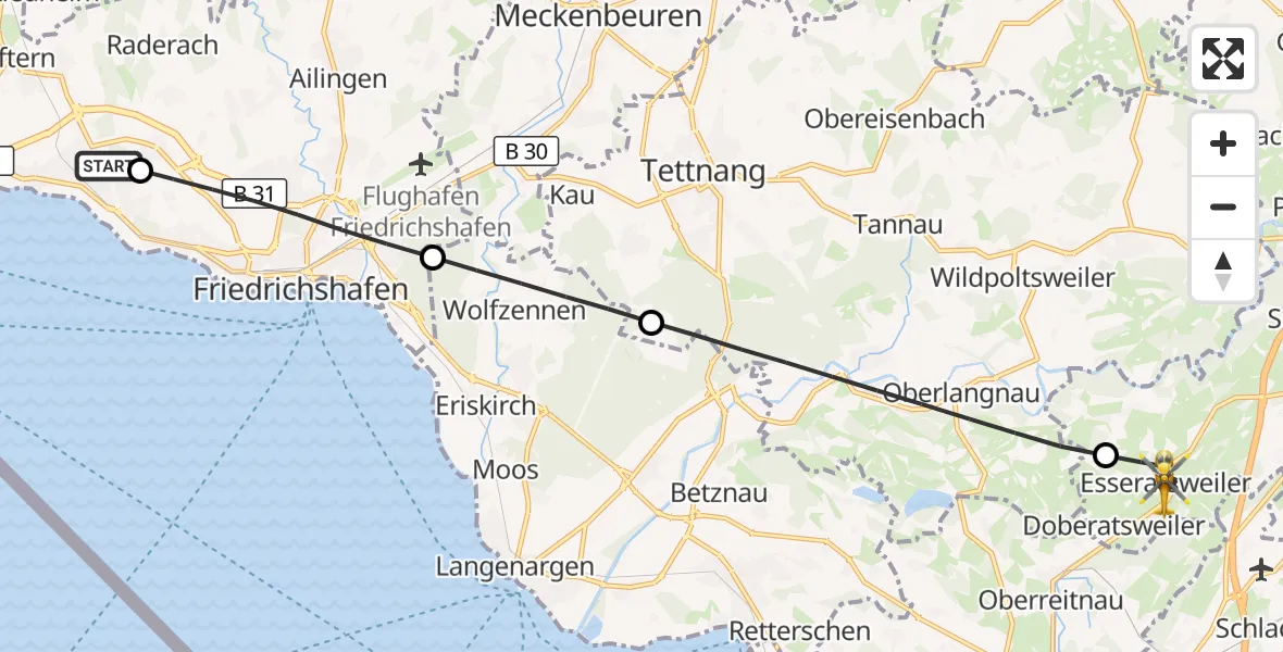 Flugroute Rettungshubschrauber Friedrichshafen Hospital - Achberg, 22 Juli 2026, 16:28