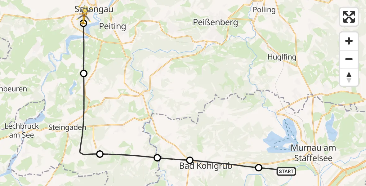 Flugroute Rettungshubschrauber Murnau a.Staffelsee - Schongau, 22 Juli 2026, 16:32