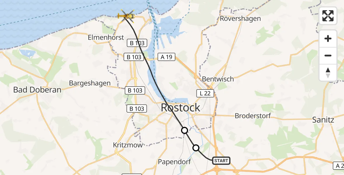 Flugroute Ambulanzhubschrauber Dummerstorf - Rostock, 22 Juli 2026, 16:35