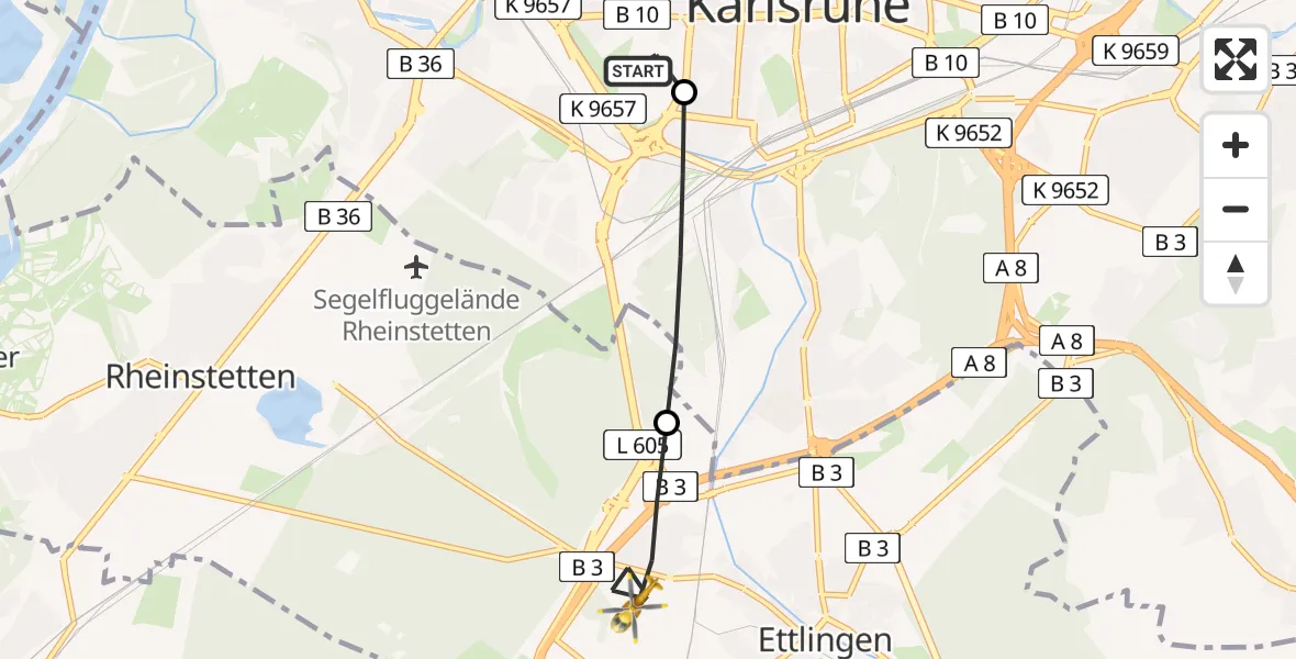 Flugroute Ambulanzhubschrauber Sankt Vincentius Hospital - Ettlingen, 22 Juli 2026, 16:45
