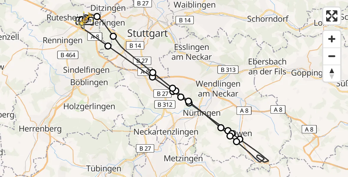 Flugroute Rettungshubschrauber Leonberg Hospital - Leonberg Hospital, 22 Juli 2026, 16:47