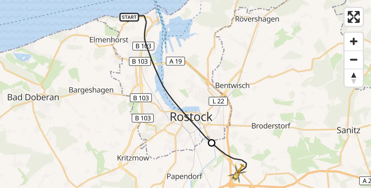Flugroute Ambulanzhubschrauber Rostock - Dummerstorf, 22 Juli 2026, 16:47