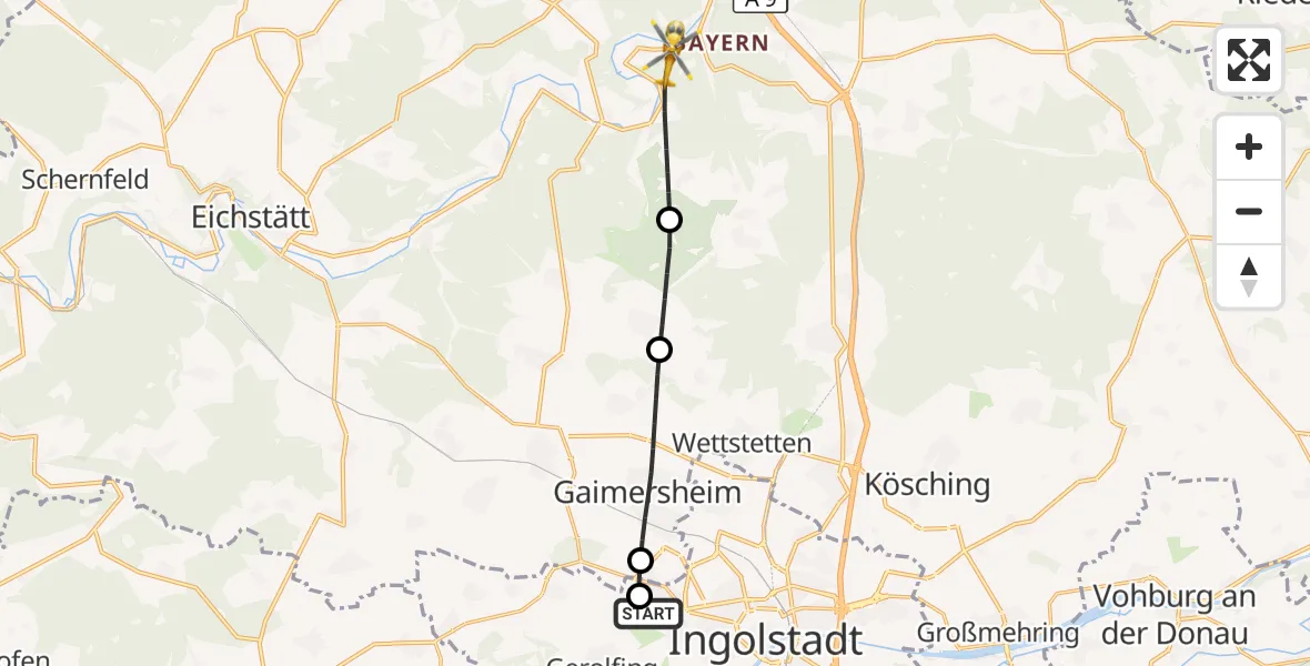 Flugroute Rettungshubschrauber Ingolstadt Hospital - Kipfenberg, 22 Juli 2026, 16:48