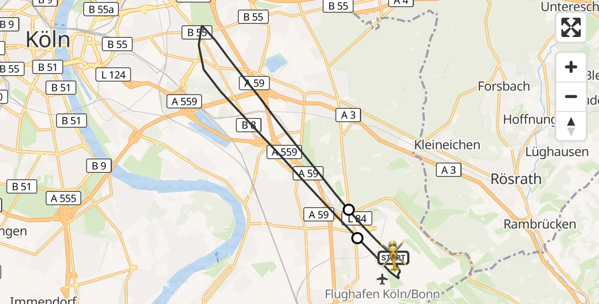 Flugroute Rettungshubschrauber Köln Bonn Flughafen - Köln Bonn Flughafen, 22 Juli 2026, 16:55