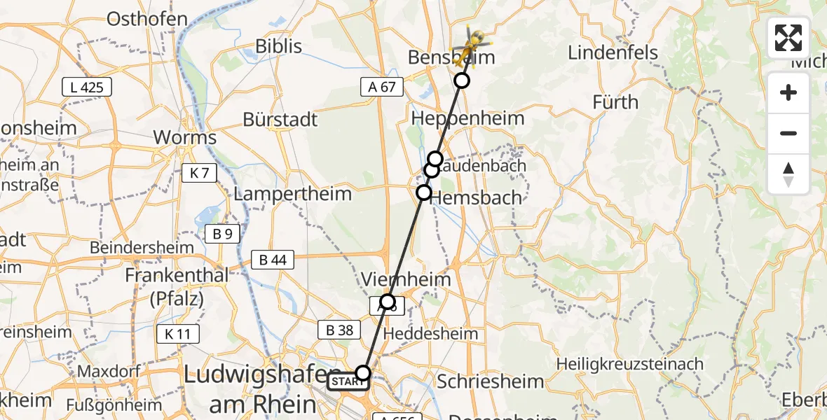 Flugroute Rettungshubschrauber Mannheim-City Flughafen - Bensheim, 22 Juli 2026, 17:01