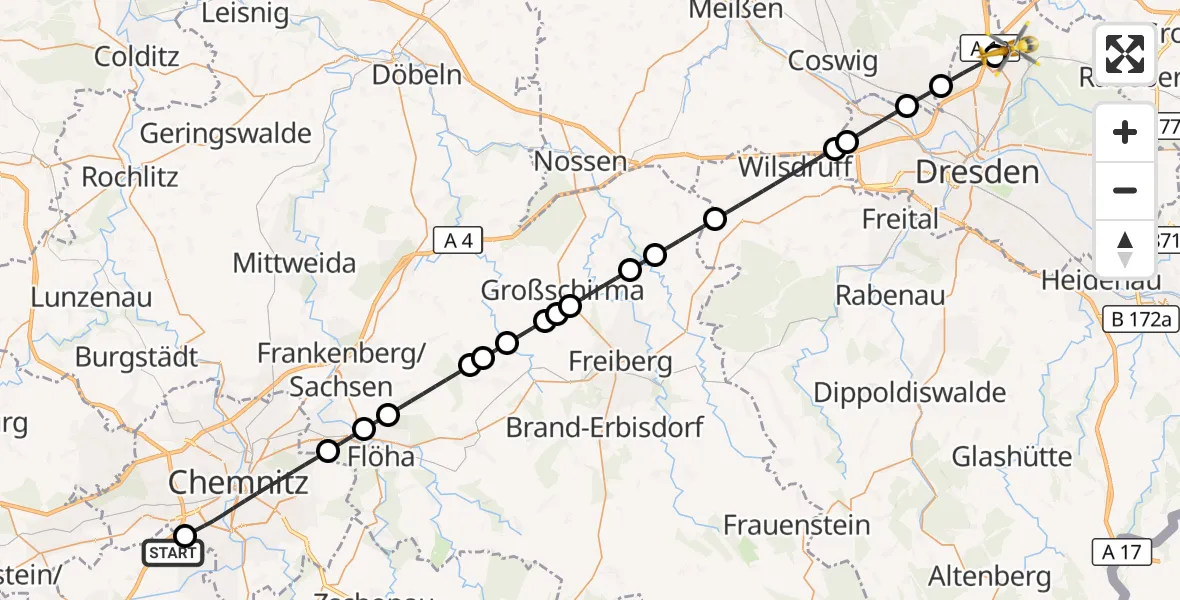 Flugroute Rettungshubschrauber Neukirchen/Erzgeb. - Dresden Bundespolizei Hubschrauberlandeplatz, 22 Juli 2026, 17:02