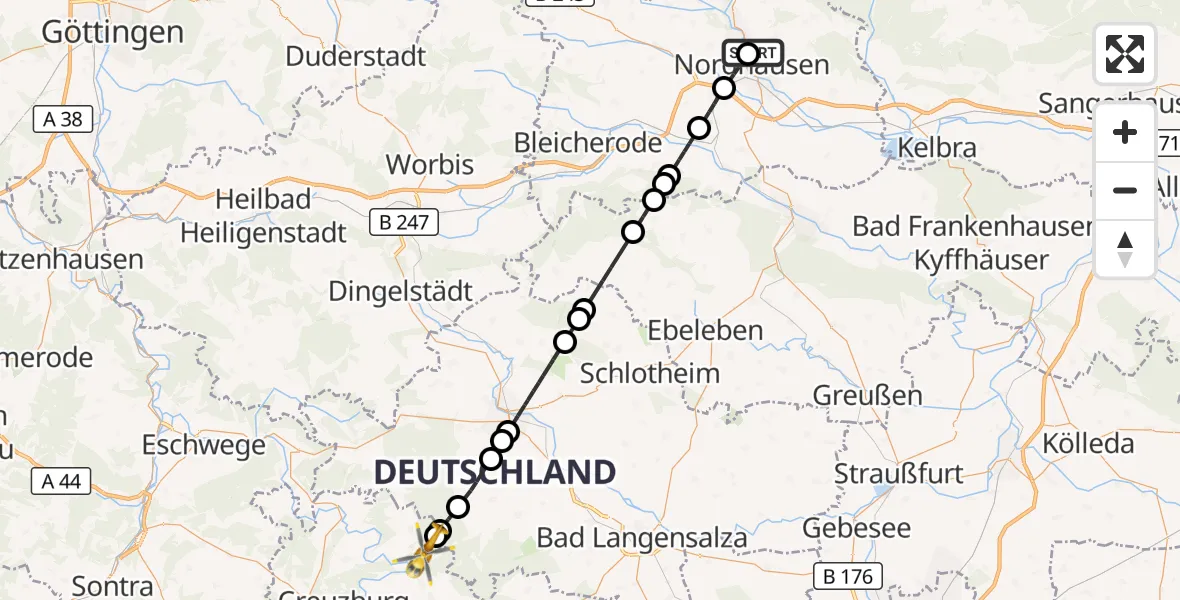 Flugroute Rettungshubschrauber Südharz Hospital Nordhausen - Amt Creuzburg, 22 Juli 2026, 17:02