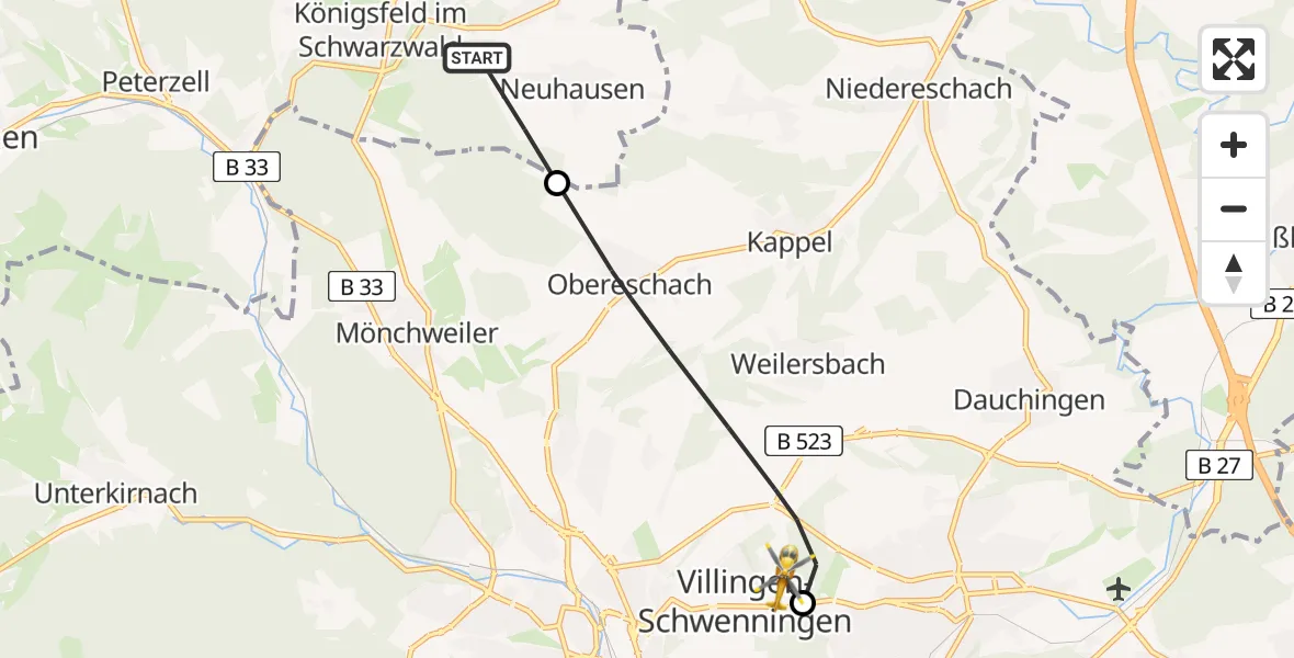 Flugroute Ambulanzhubschrauber Königsfeld im Schwarzwald - DRF Air Rescue Station Villingen-Schwenningen Hubschrauberlandeplatz (Christoph 11), 22 Juli 2026, 17:03