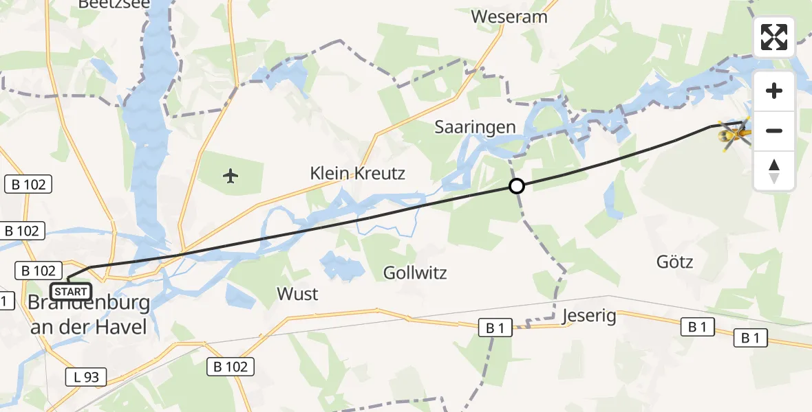 Flugroute Rettungshubschrauber Brandenburg an der Havel - Groß Kreutz (Havel), 22 Juli 2026, 17:04