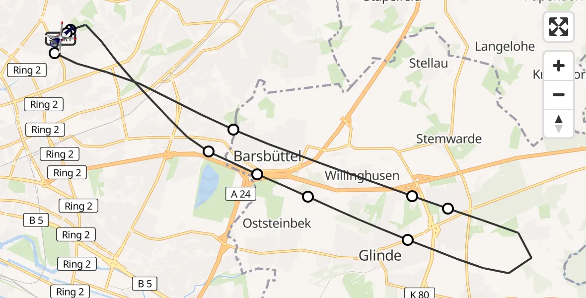 Flugroute Polizeihubschrauber Hamburg Military Hospital - Hamburg Military Hospital, 22 Juli 2026, 17:08