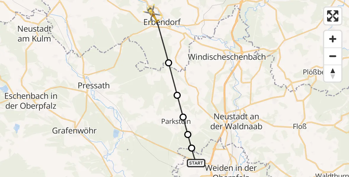 Flugroute Ambulanzhubschrauber Weiden i.d.OPf. - Erbendorf, 22 Juli 2026, 17:10