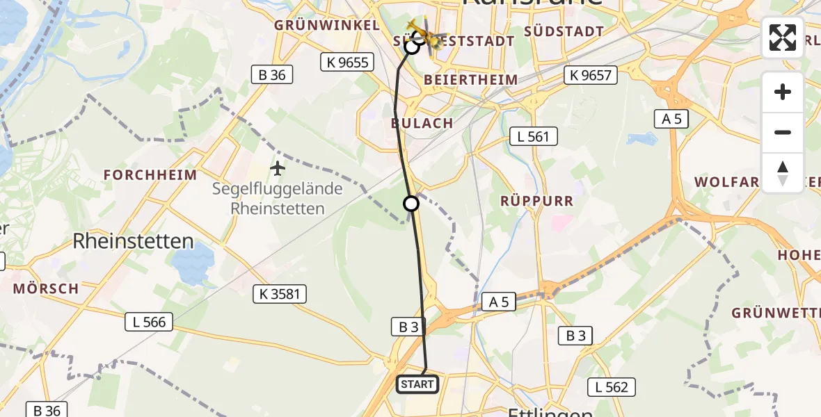 Flugroute Ambulanzhubschrauber Ettlingen - Sankt Vincentius Hospital, 22 Juli 2026, 17:14