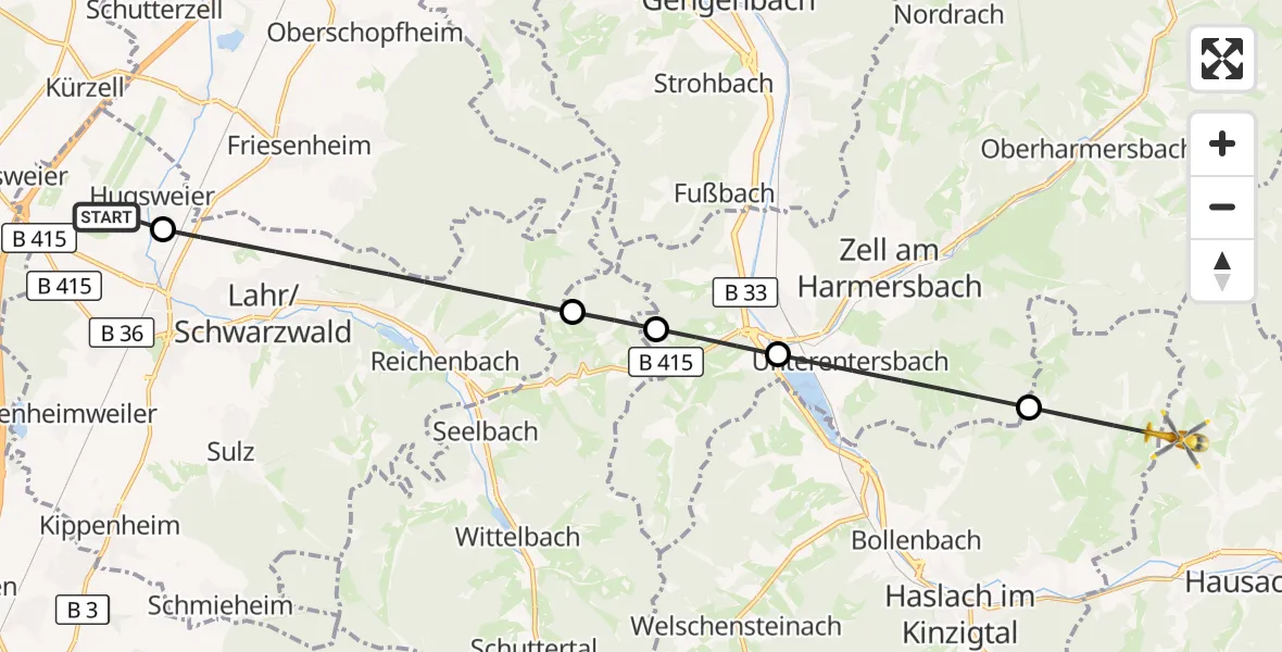 Flugroute Rettungshubschrauber Lahr Flughafen - Hausach, 22 Juli 2026, 17:14