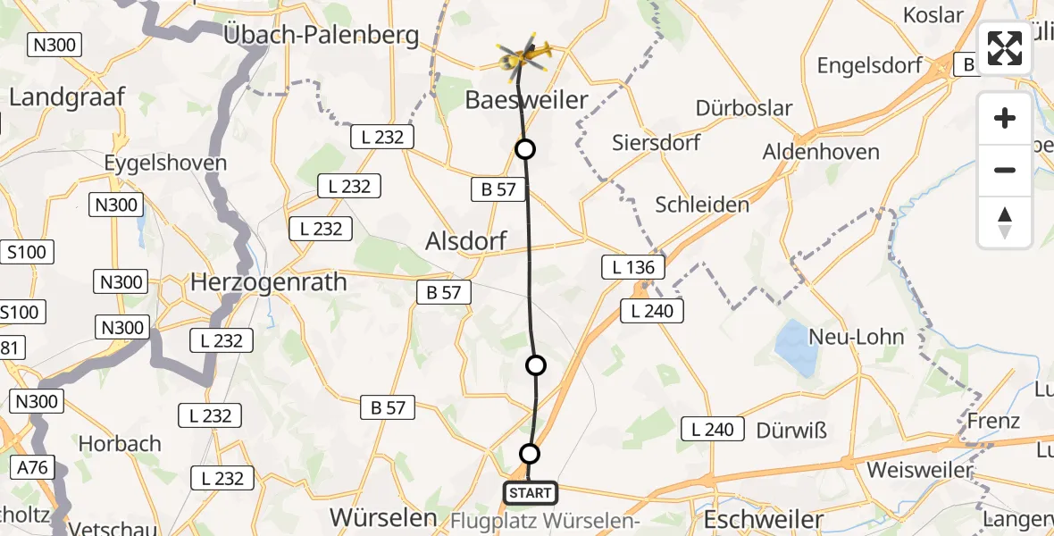 Flugroute Rettungshubschrauber Aachen-Merzbrück Flughafen - Baesweiler, 22 Juli 2026, 17:16