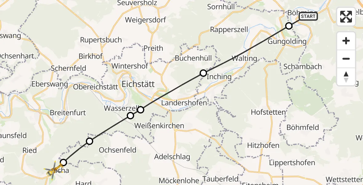 Flugroute Rettungshubschrauber Kipfenberg - Wellheim, 22 Juli 2026, 17:21