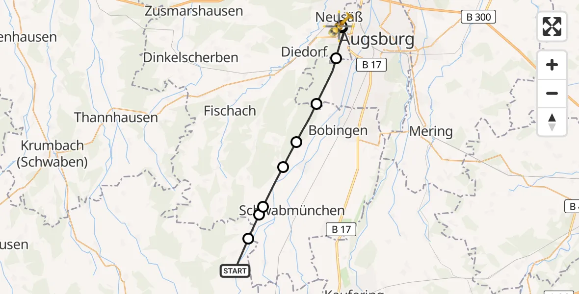 Flugroute Rettungshubschrauber Ettringen - Augsburg University Hospital, 22 Juli 2026, 17:23