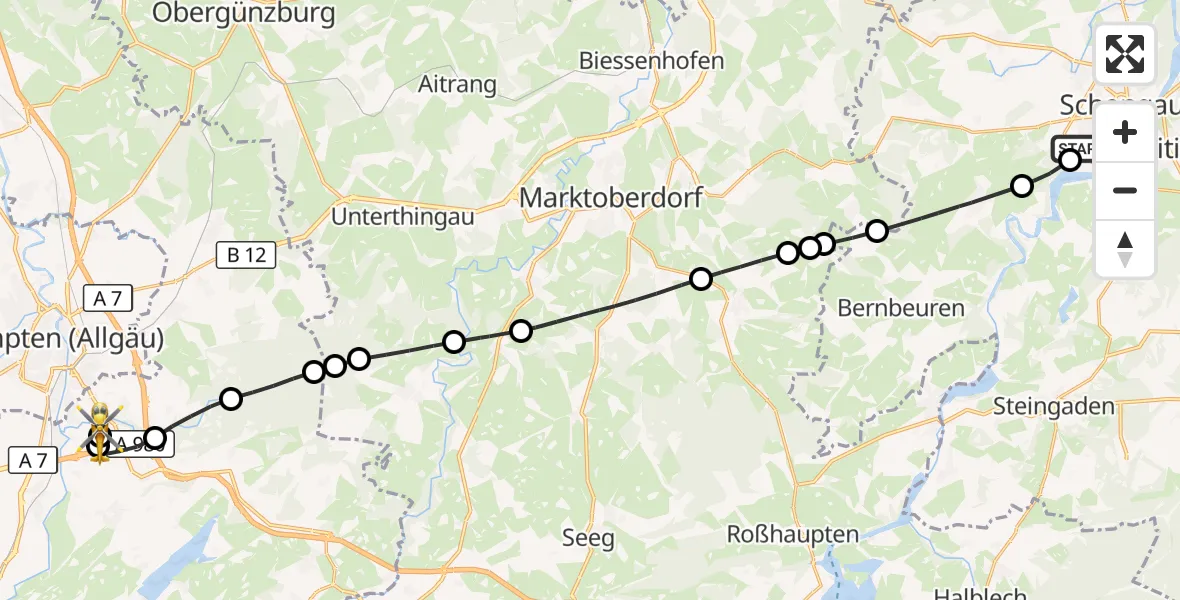 Flugroute Rettungshubschrauber Schongau - Kempten-Durach Flugplatz, 22 Juli 2026, 17:26