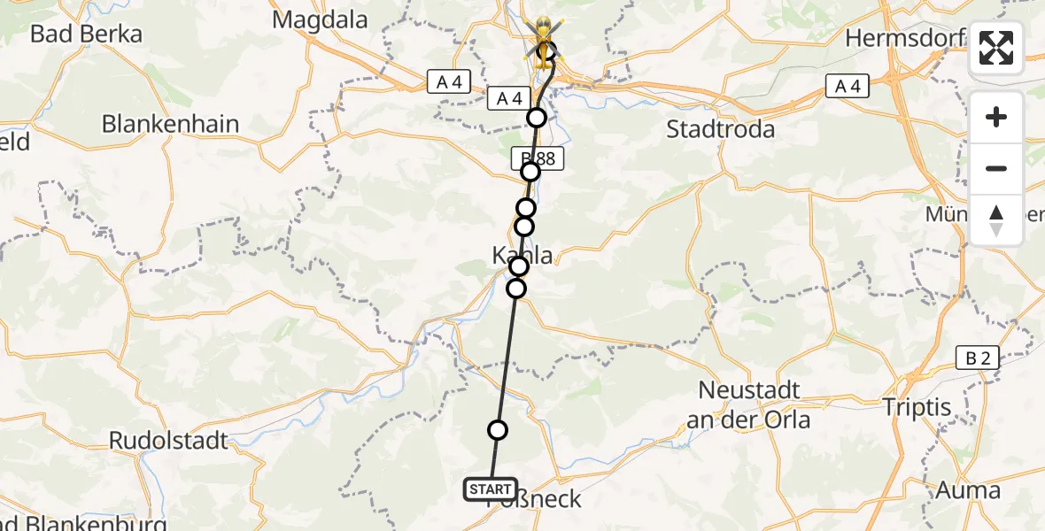 Flugroute Rettungshubschrauber Pößneck - Lobeda Hubschrauberlandeplatz, 22 Juli 2026, 17:33