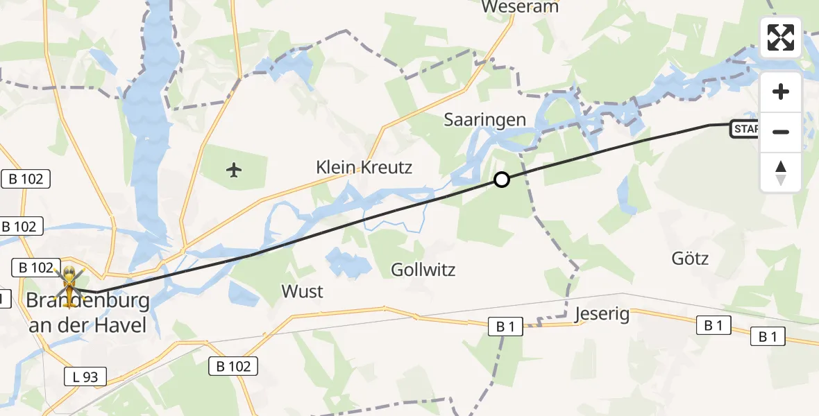 Flugroute Rettungshubschrauber Groß Kreutz (Havel) - Brandenburg an der Havel, 22 Juli 2026, 17:34