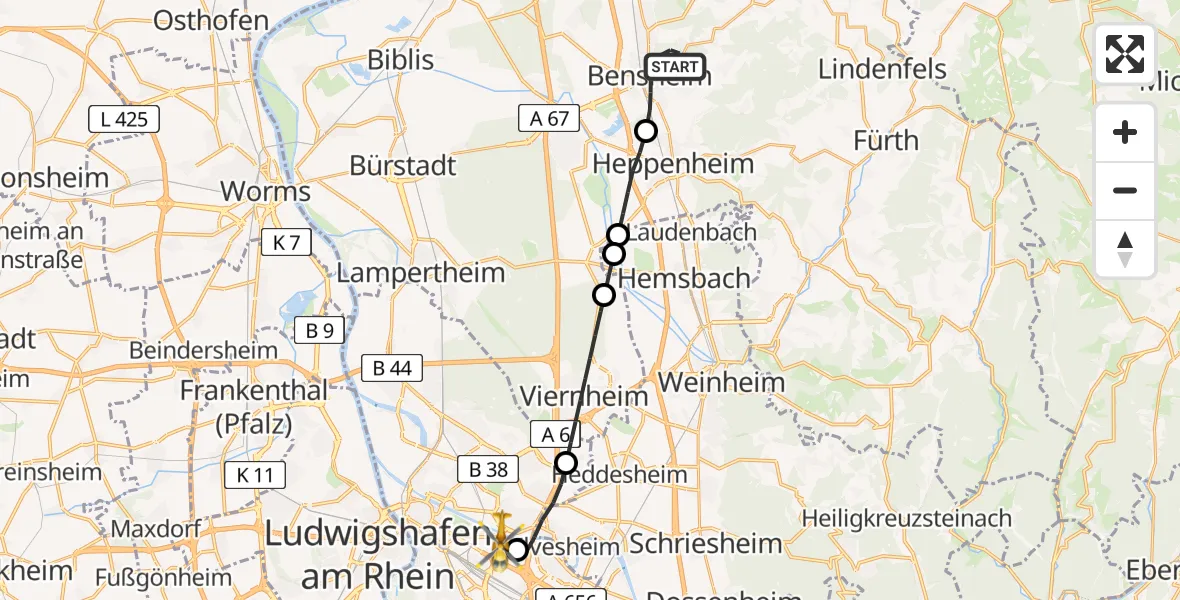 Flugroute Rettungshubschrauber Bensheim - Mannheim-City Flughafen, 22 Juli 2026, 17:35