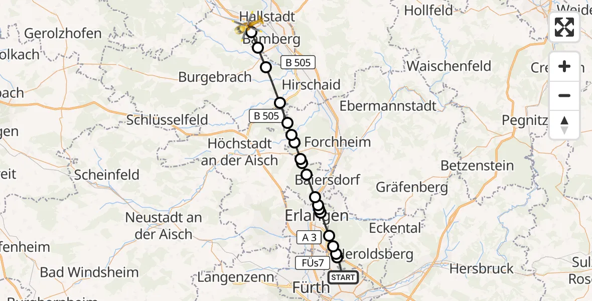 Flugroute Ambulanzhubschrauber Flughafen Nuremberg - Bischberg, 22 Juli 2026, 17:35