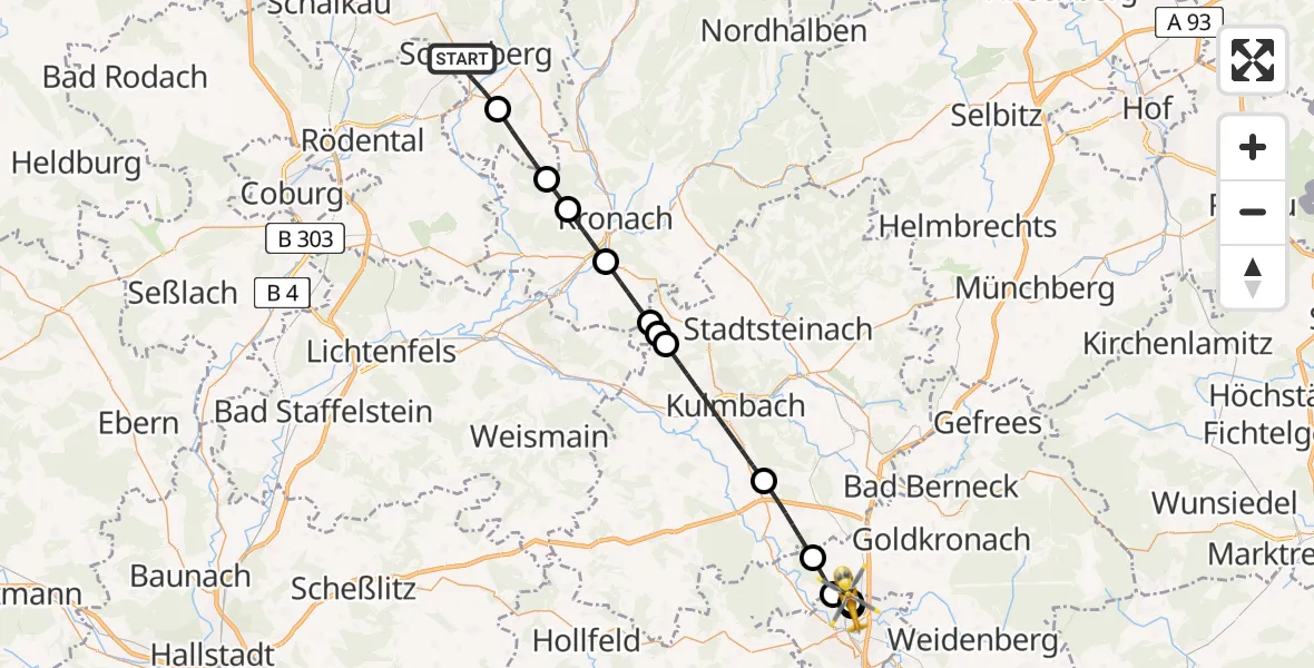 Flugroute Ambulanzhubschrauber Sonneberg - Hohe Warte Hospital, 22 Juli 2026, 17:35
