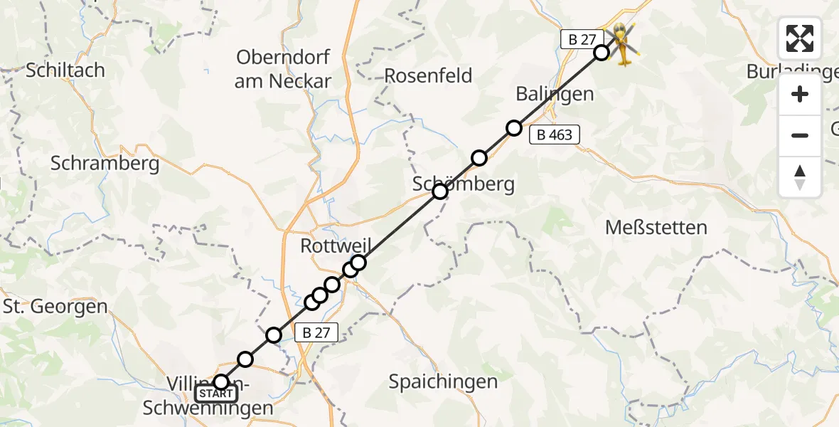 Flugroute Ambulanzhubschrauber DRF Air Rescue Station Villingen-Schwenningen Hubschrauberlandeplatz (Christoph 11) - Bisingen, 22 Juli 2026, 17:39