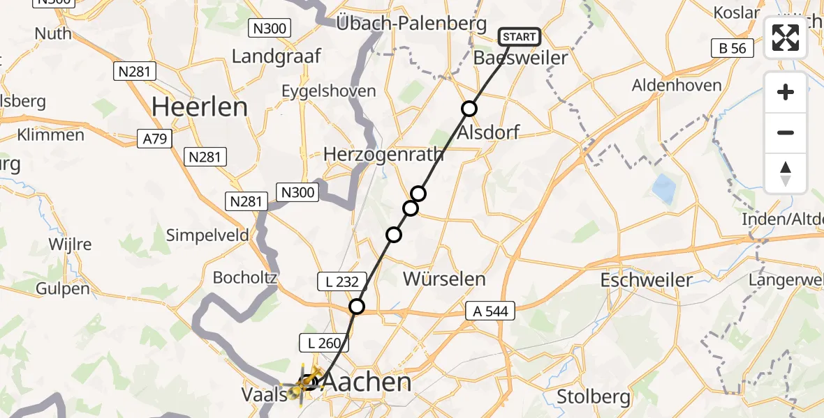 Flugroute Rettungshubschrauber Baesweiler - Aachen Hospital, 22 Juli 2026, 17:46